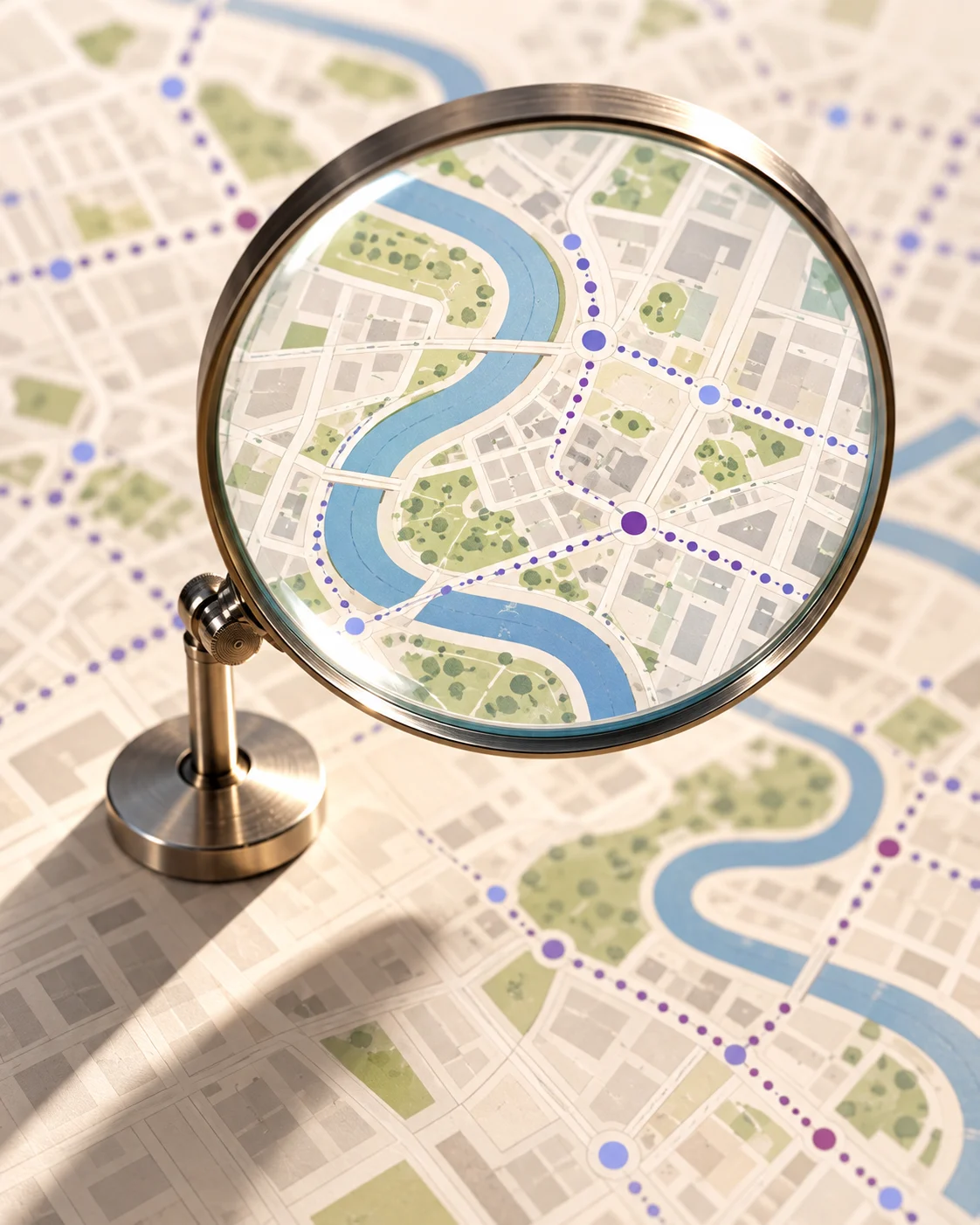 Magnifying lens over an abstract city map illustrating local search